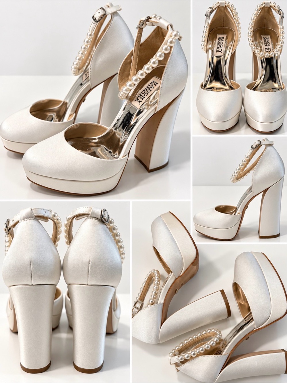 Badgley Mischka Pearl-Ankle Platform Heels in Ivory Satin 8 1/2